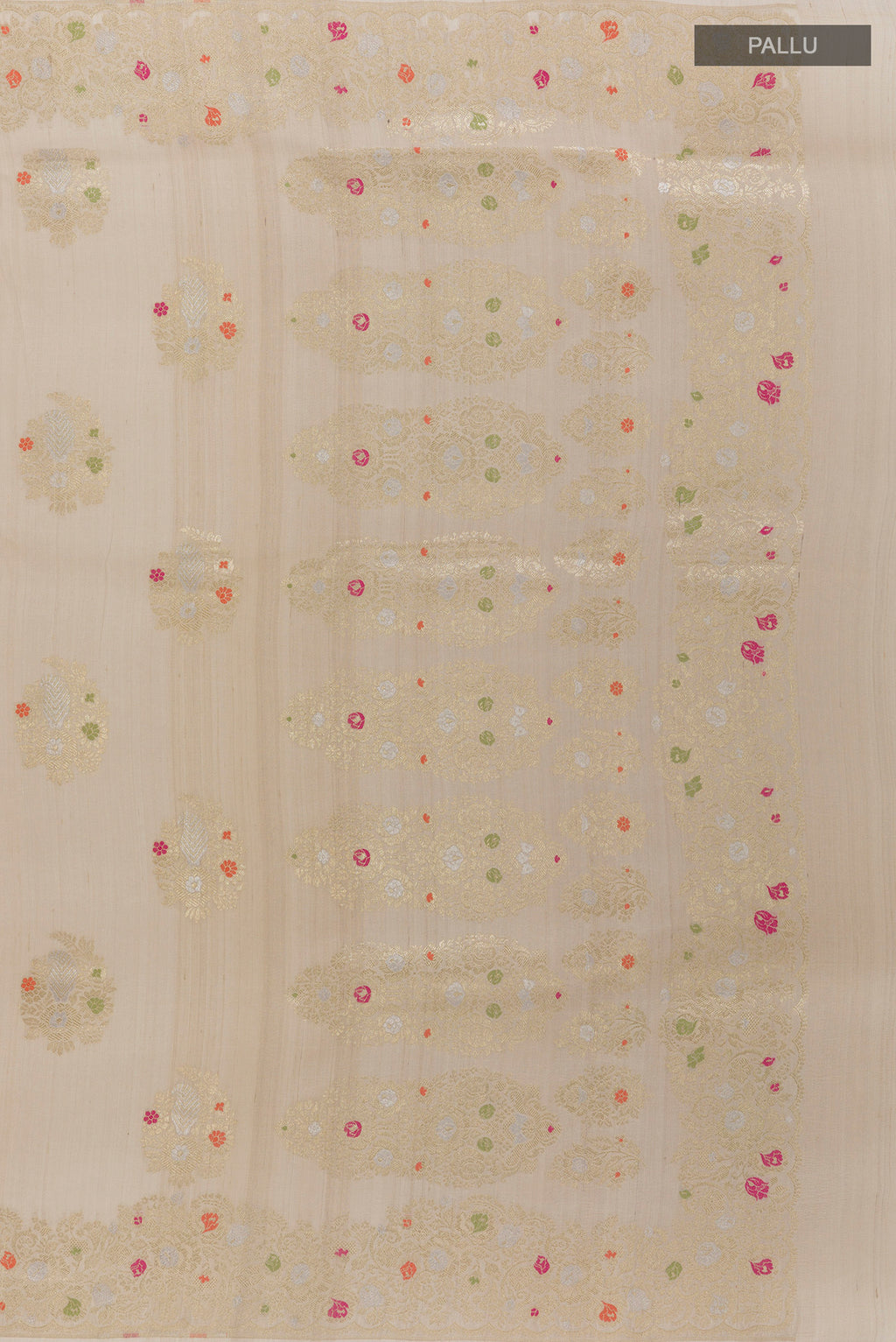 Close up image of the pallu of Off White Banarasi Tussar Saree with Zari Butta on the body and Zari Border. 