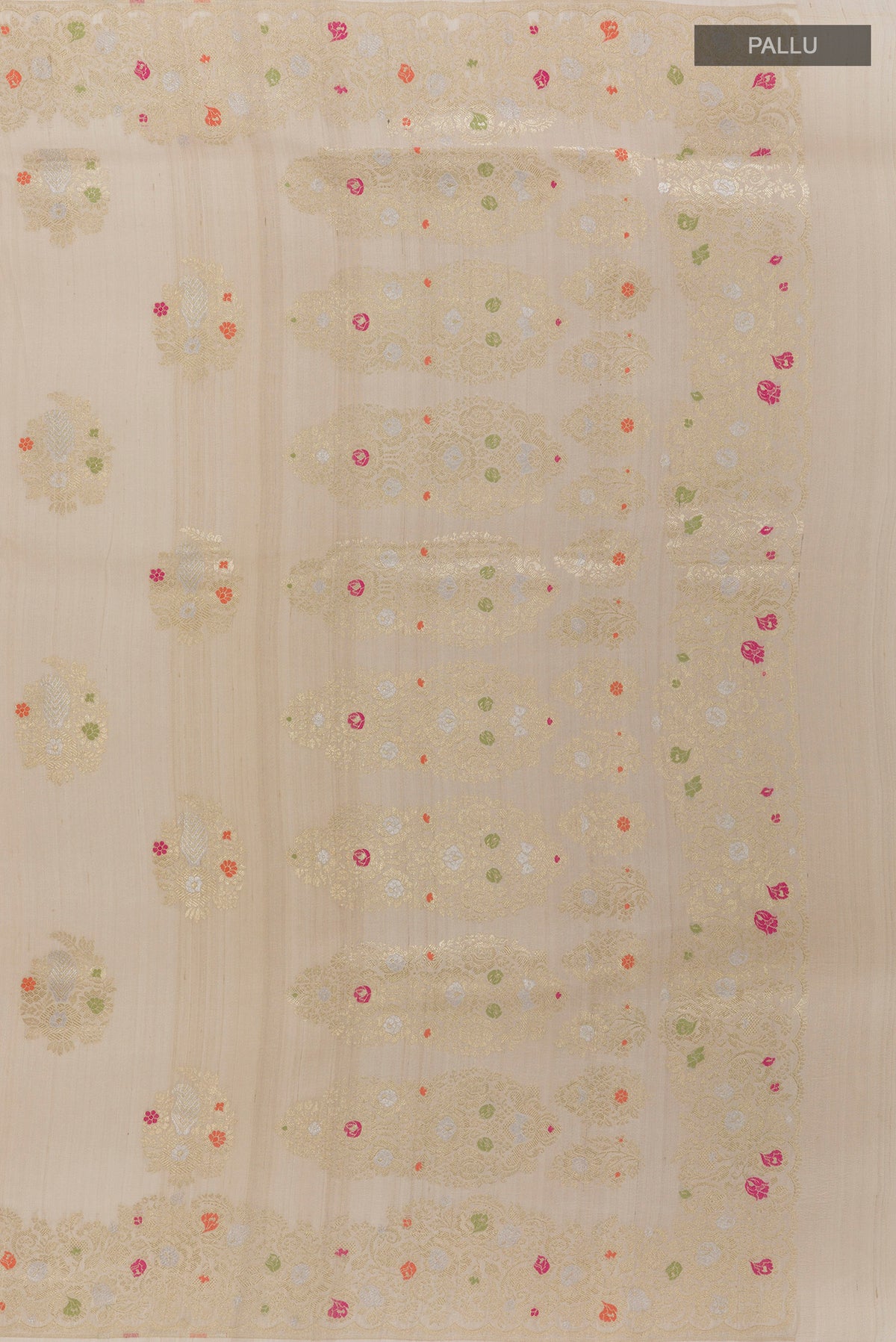 Close up image of the pallu of Off White Banarasi Tussar Saree with Zari Butta on the body and Zari Border. 