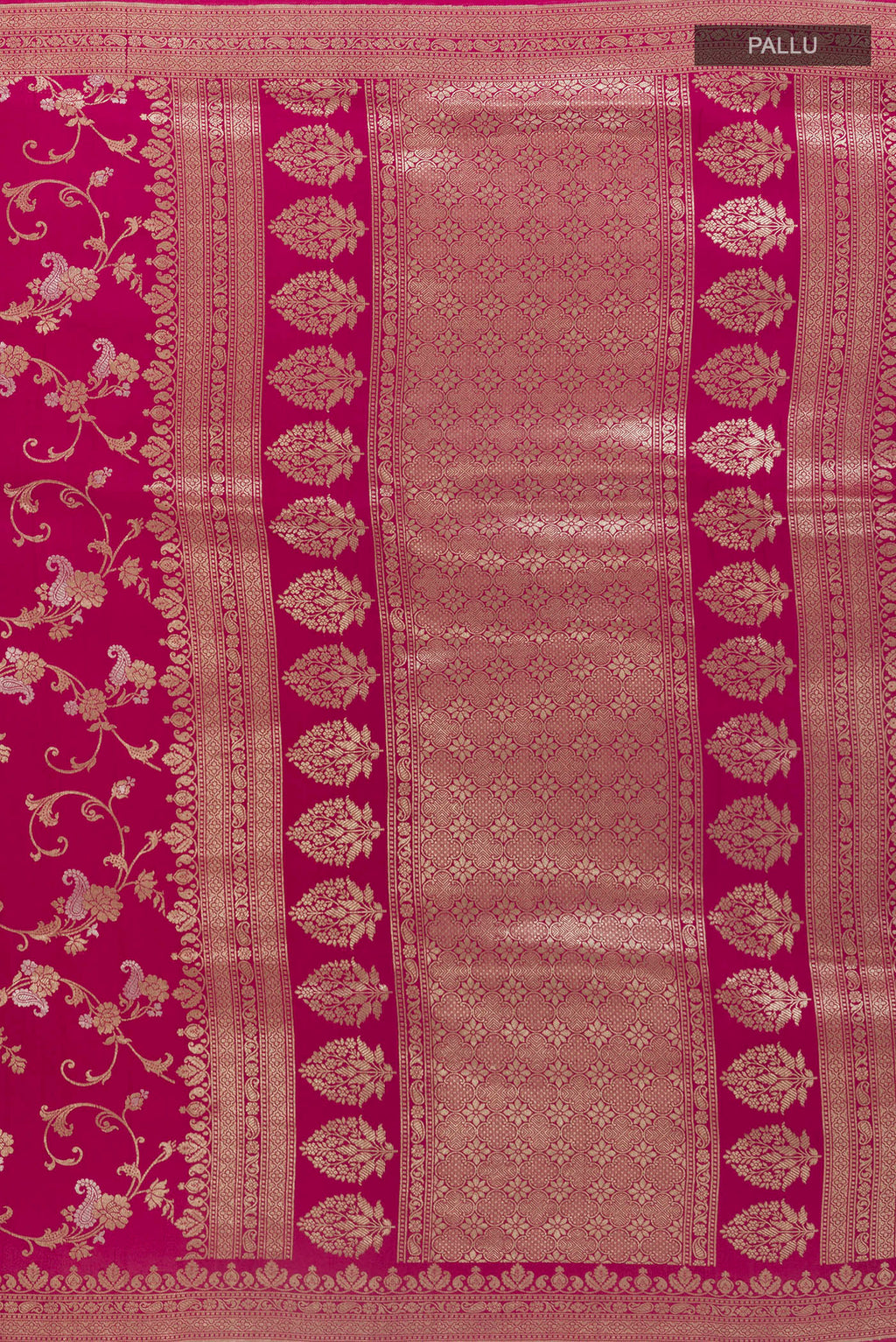 Close up image of the pallu of Dark Pink Banarasi Tussar Saree with Zari Brocade on the body and Zari Border. 