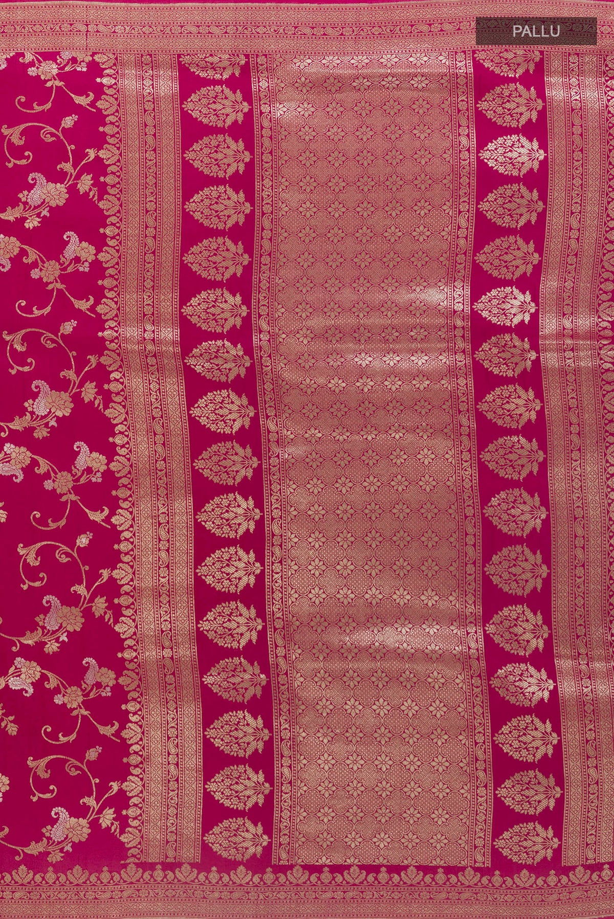 Close up image of the pallu of Dark Pink Banarasi Tussar Saree with Zari Brocade on the body and Zari Border. 