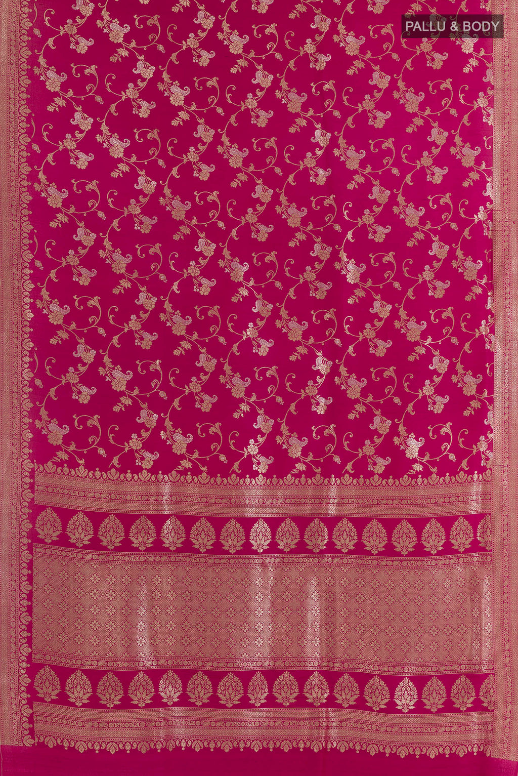 Flat view of Dark Pink Banarasi Tussar Saree with Zari Brocade on the body and Zari Border. 