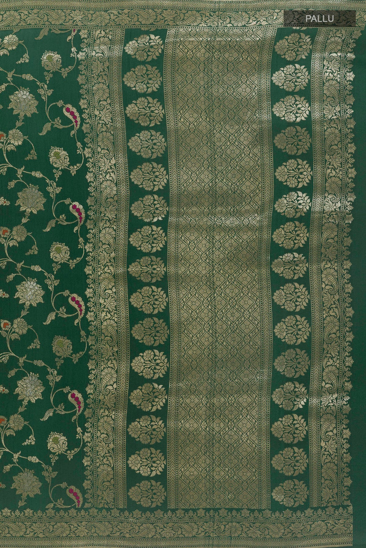 Close up image of the pallu of Bottle Green Banarasi Tussar Saree with Zari Brocade on the body and Zari Border. 