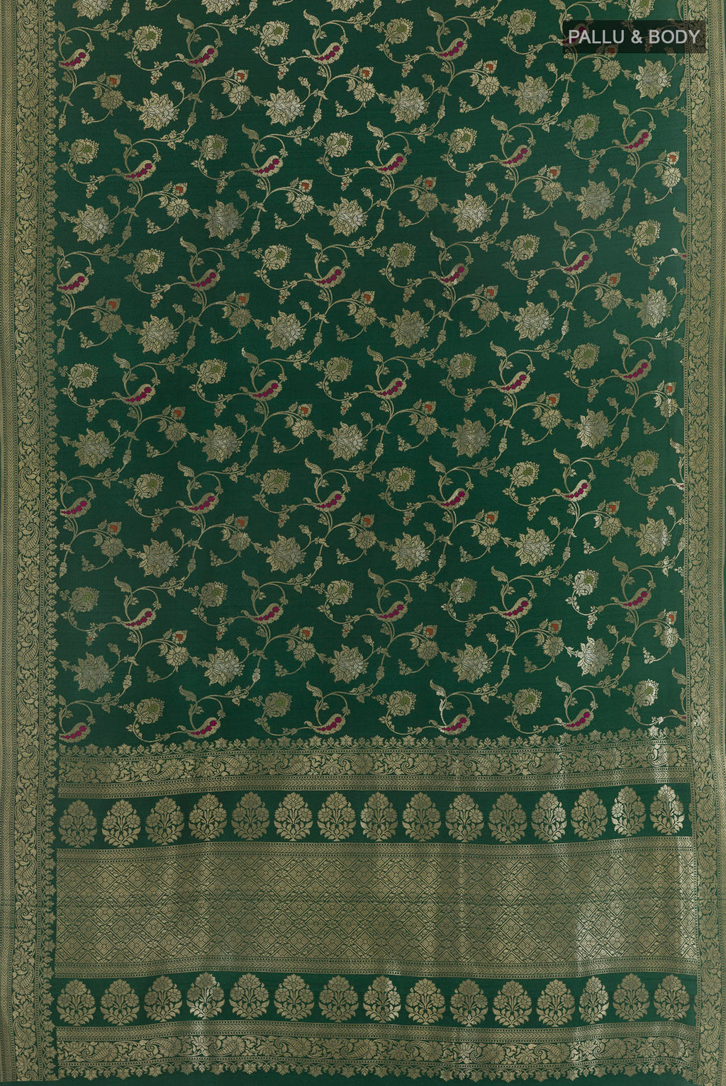 Flat view of Bottle Green Banarasi Tussar Saree with Zari Brocade on the body and Zari Border. 