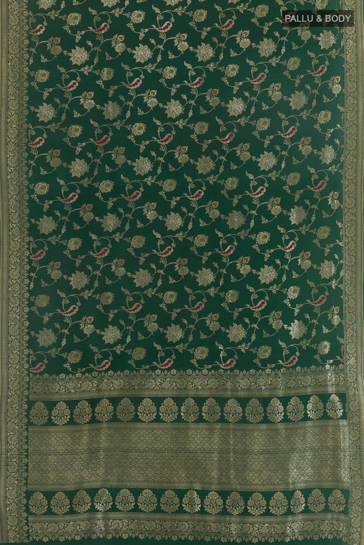 Flat view of Bottle Green Banarasi Tussar Saree with Zari Brocade on the body and Zari Border. 