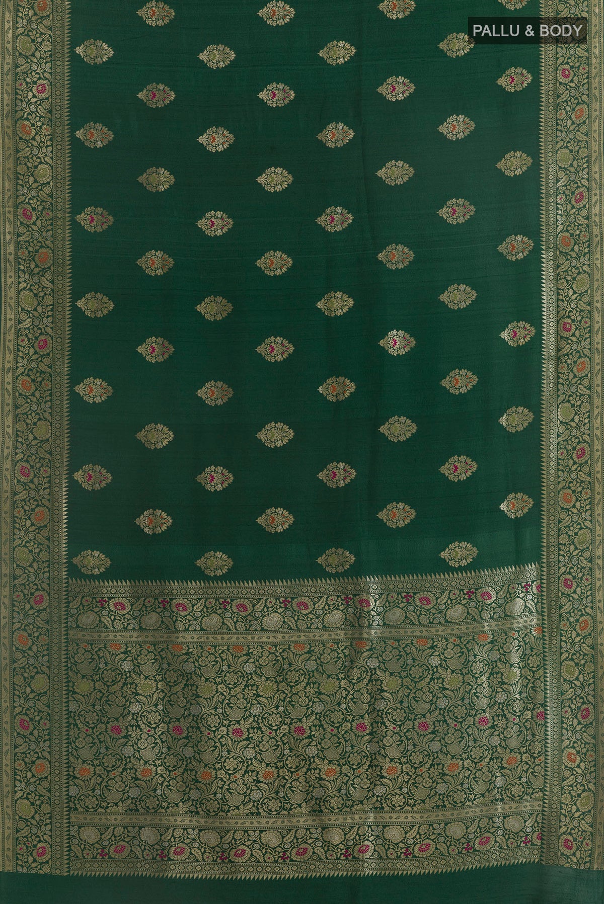 Flat view of Green Banarasi Tussar Saree with Zari Butta on the body and Zari Border. 