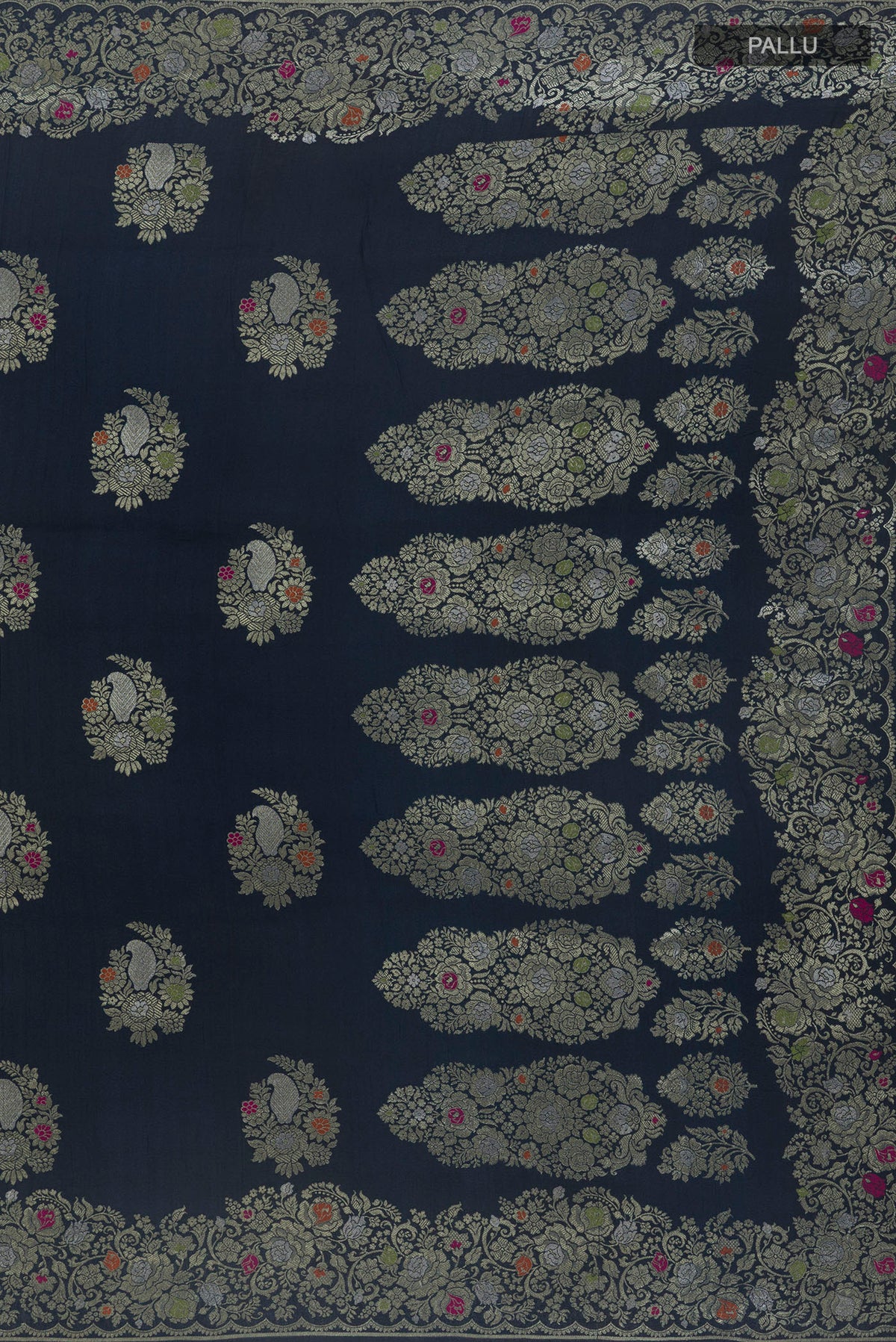 Close up image of the pallu of Navy Blue Banarasi Tussar Saree with Zari Butta on the body and Zari Border. 