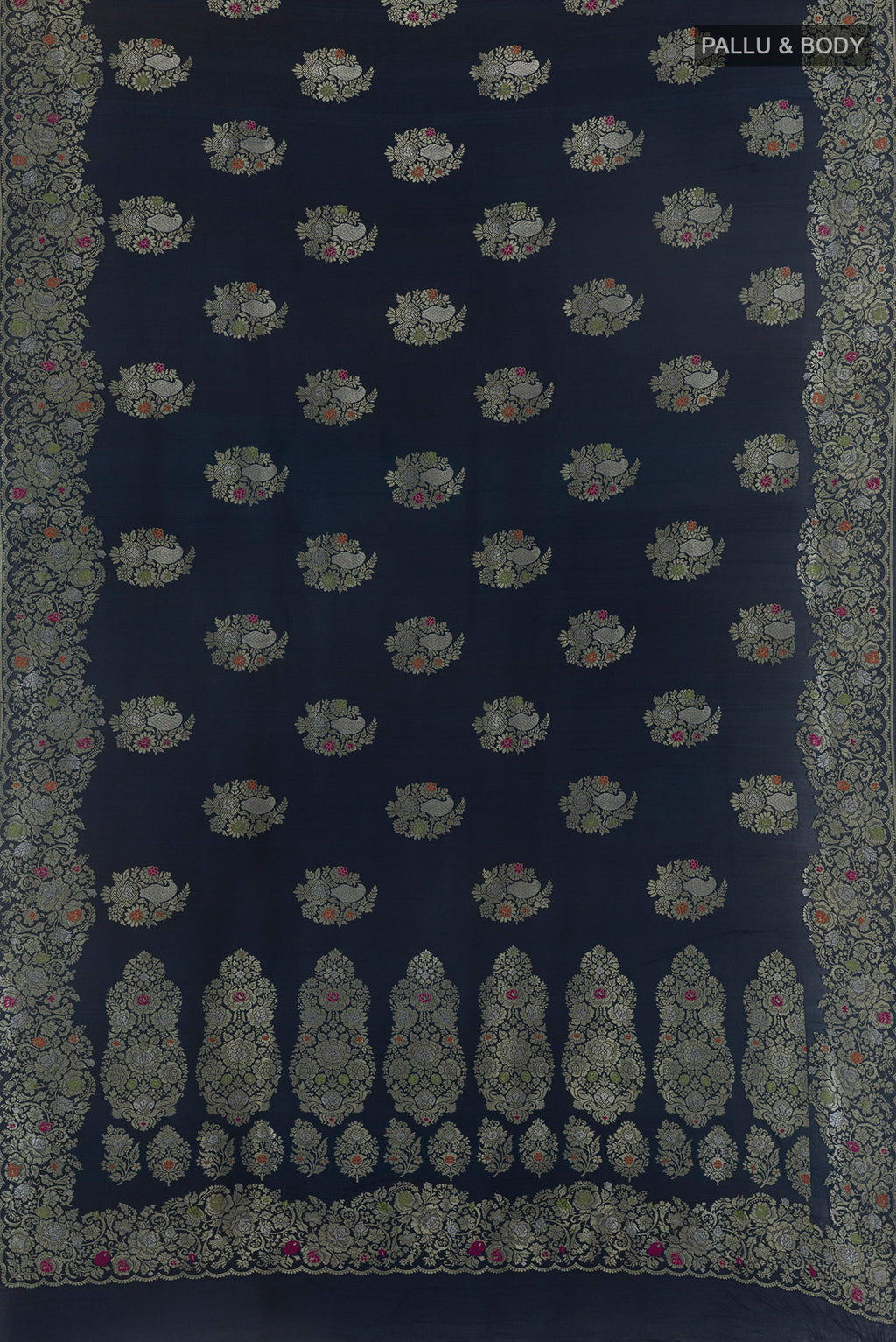 Flat view of Navy Blue Banarasi Tussar Saree with Zari Butta on the body and Zari Border. 