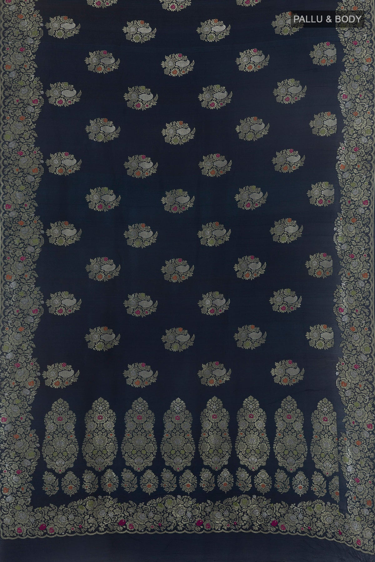 Flat view of Navy Blue Banarasi Tussar Saree with Zari Butta on the body and Zari Border. 
