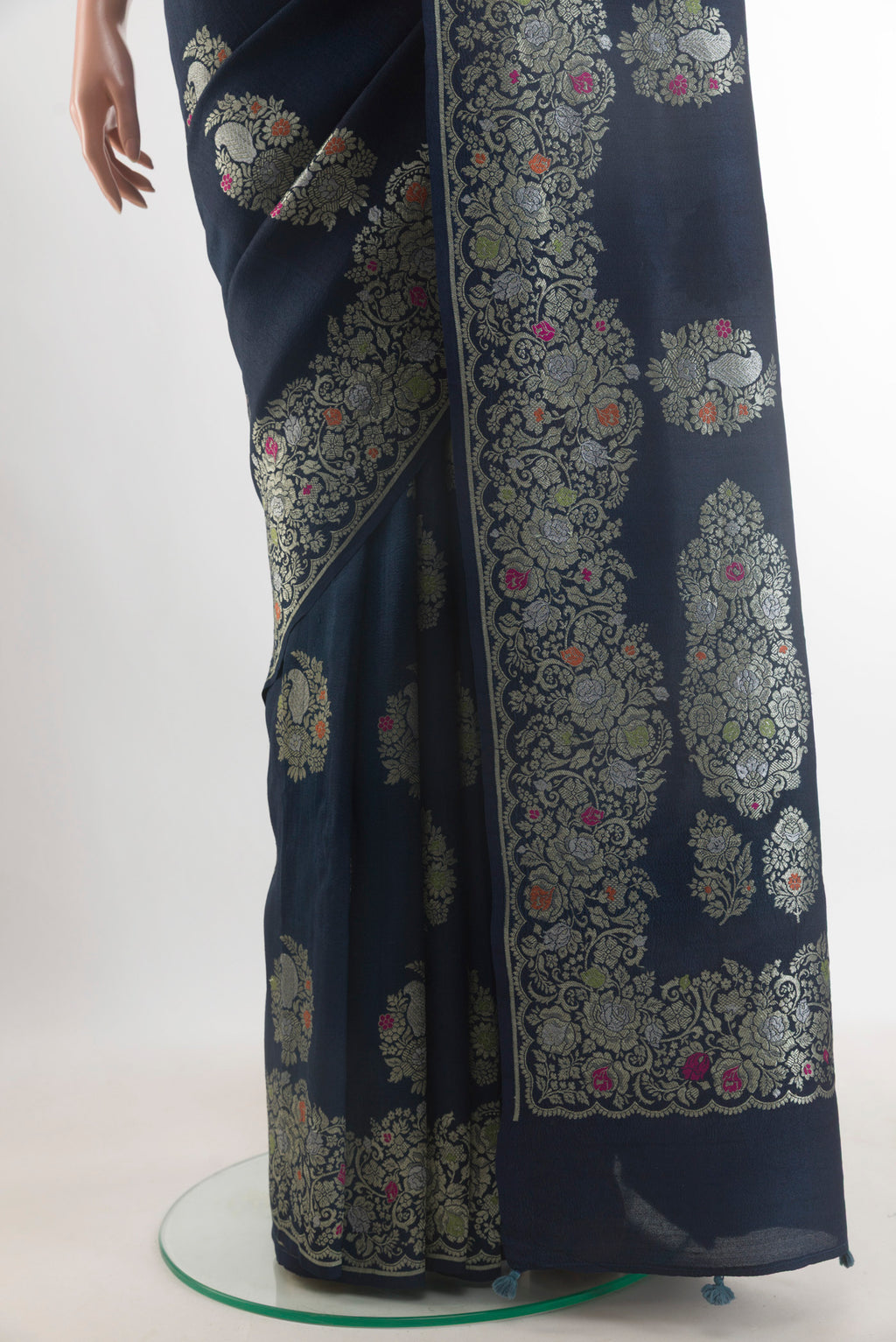 Pleats and pallu of Navy Blue Banarasi Tussar Saree with Zari Butta on the body and Zari Border. 