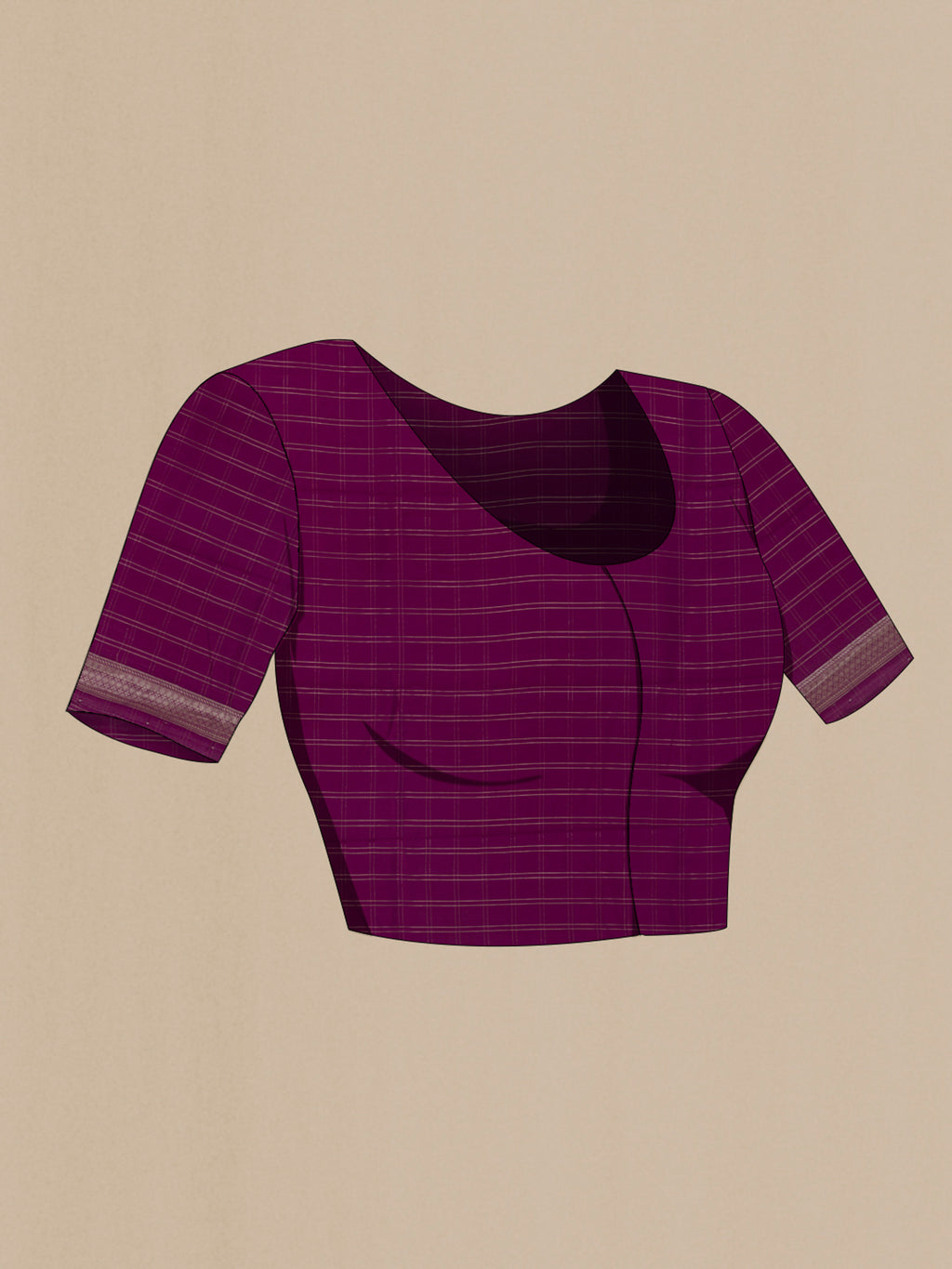 Close up image of the blouse of Lavender Tussar Saree with Checked design on the body and Zari Border. 