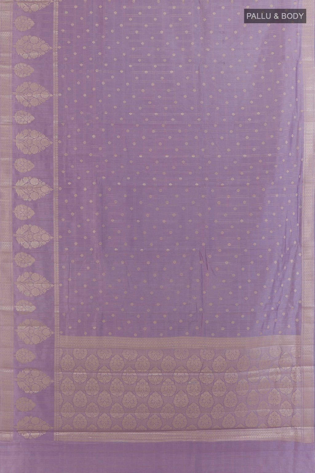 Flat view of Lavender Tussar Saree with Checked design on the body and Zari Border. 