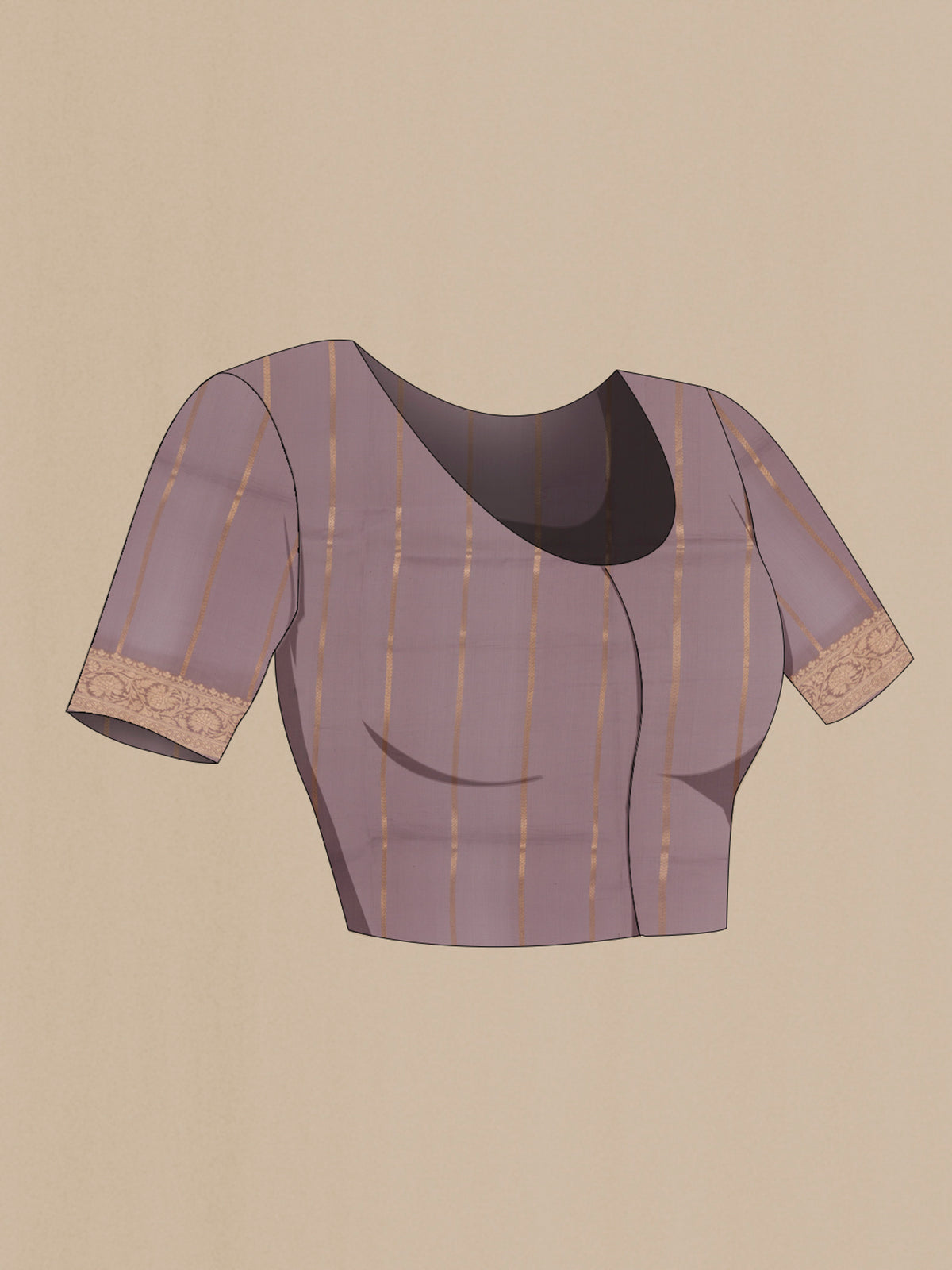 Close up image of the blouse of Davys Grey Organza Saree with Zari Butta on the body and Zari Border. 