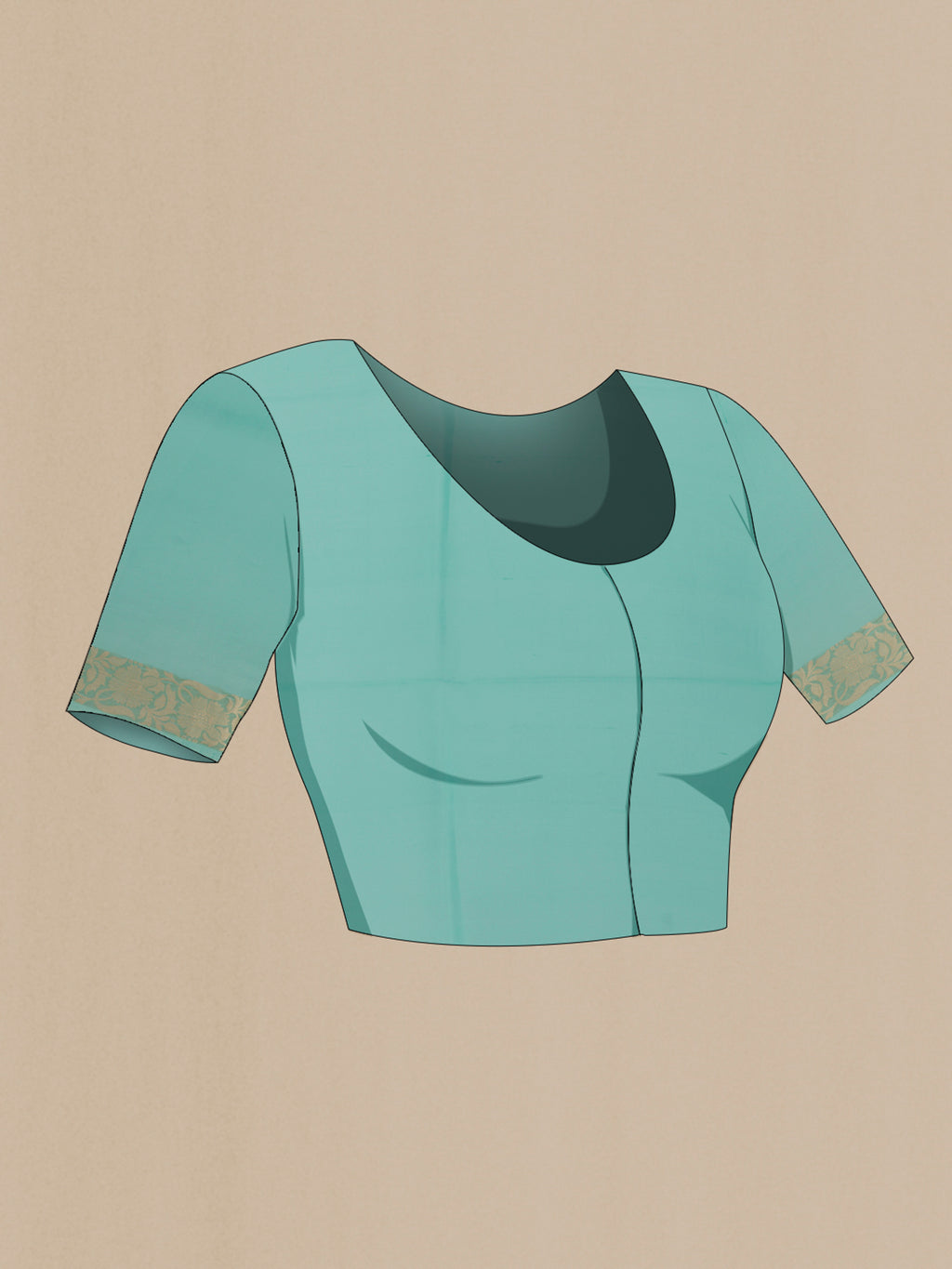 Close up image of the blouse of Sea Green Organza Saree with Zari Butta on the body and Zari Border. 