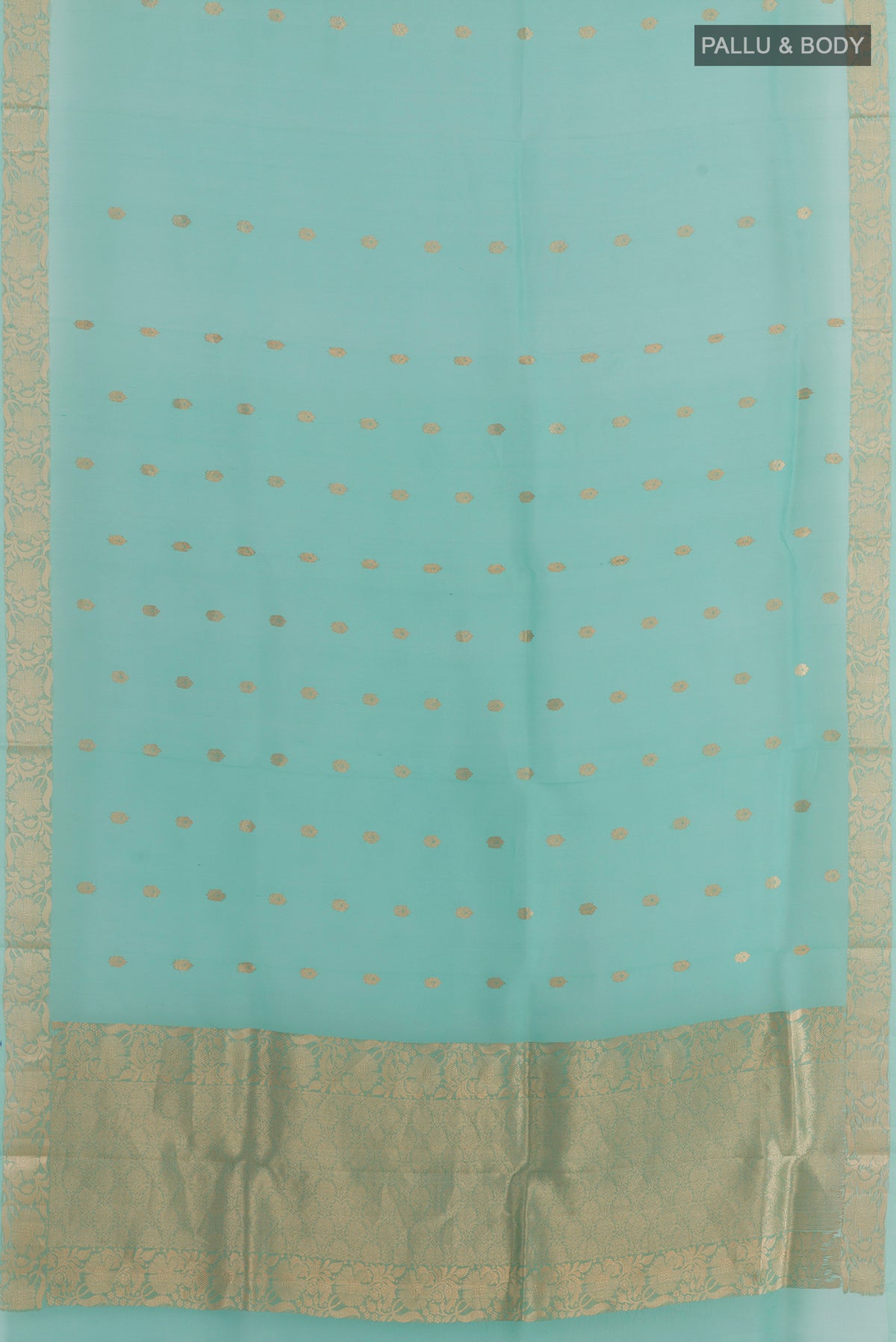 Flat view of Sea Green Organza Saree with Zari Butta on the body and Zari Border. 