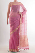 Pink Organza Saree with Zari Butta on the body and Zari Border.  displayed on a mannequin
