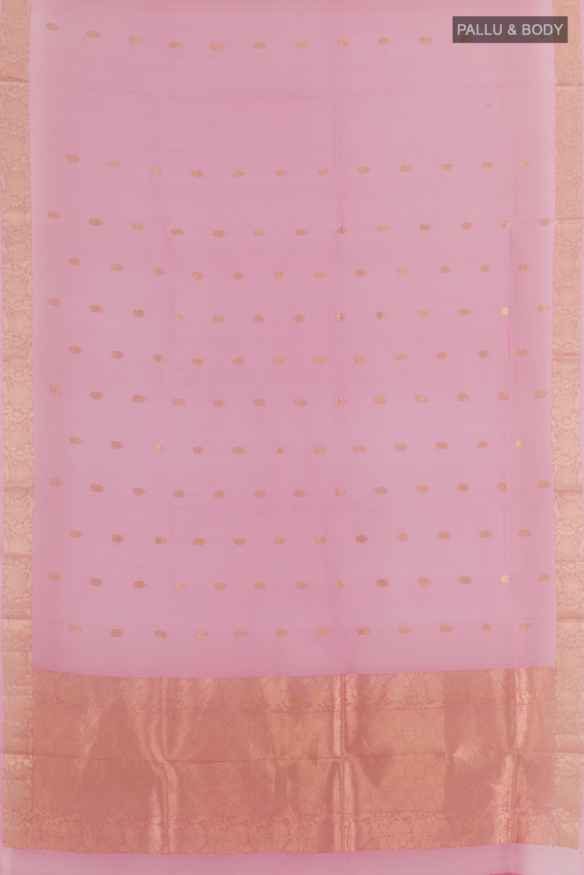 Flat view of Pink Organza Saree with Zari Butta on the body and Zari Border. 