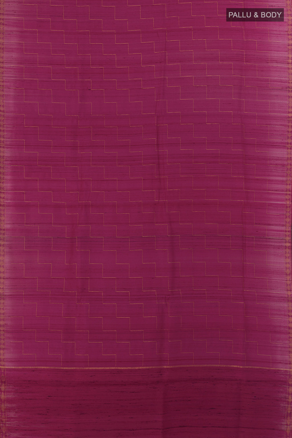 Flat view of Dark Pink Tussar Saree with Zig Zag design on the body and Zari Border. 