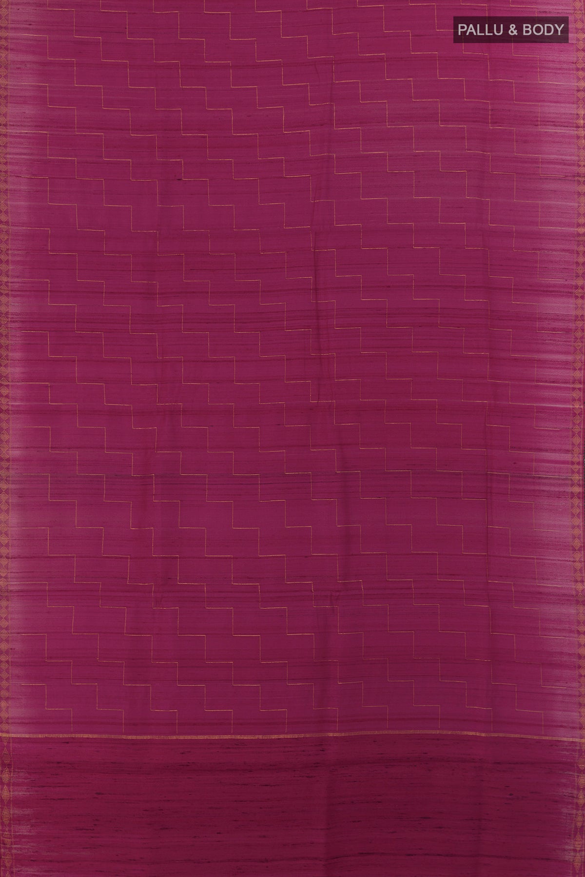 Flat view of Dark Pink Tussar Saree with Zig Zag design on the body and Zari Border. 