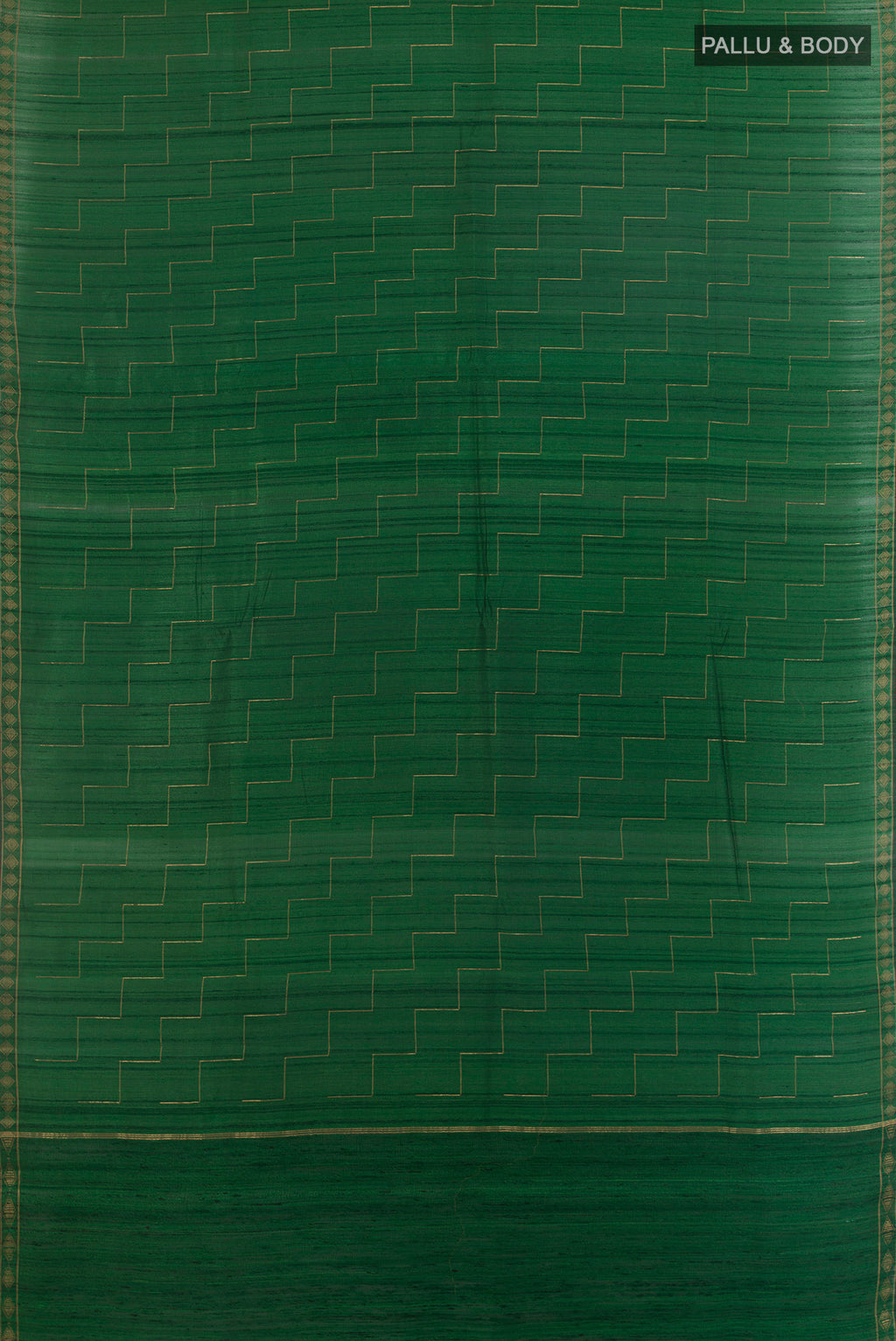 Flat view of Green Tussar Saree with Zig Zag design on the body and Zari Border. 