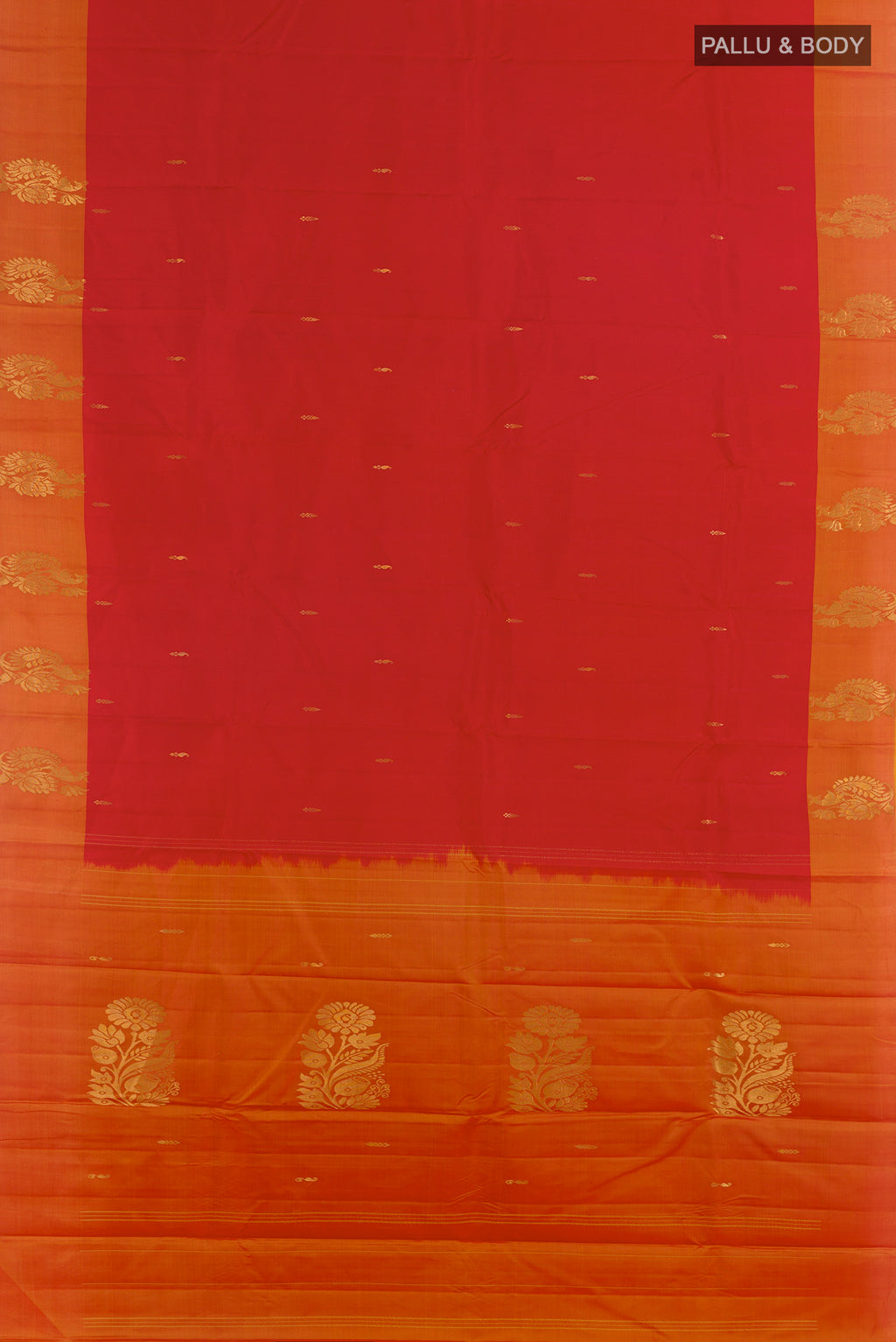 Flat view of Pure Silk Red Kanchipuram Saree with Zari Butta on the body and Zari Border. 