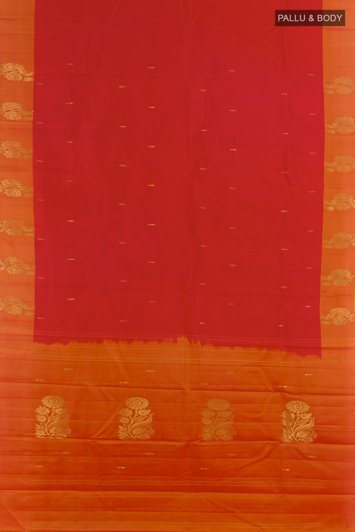 Flat view of Pure Silk Red Kanchipuram Saree with Zari Butta on the body and Zari Border. 