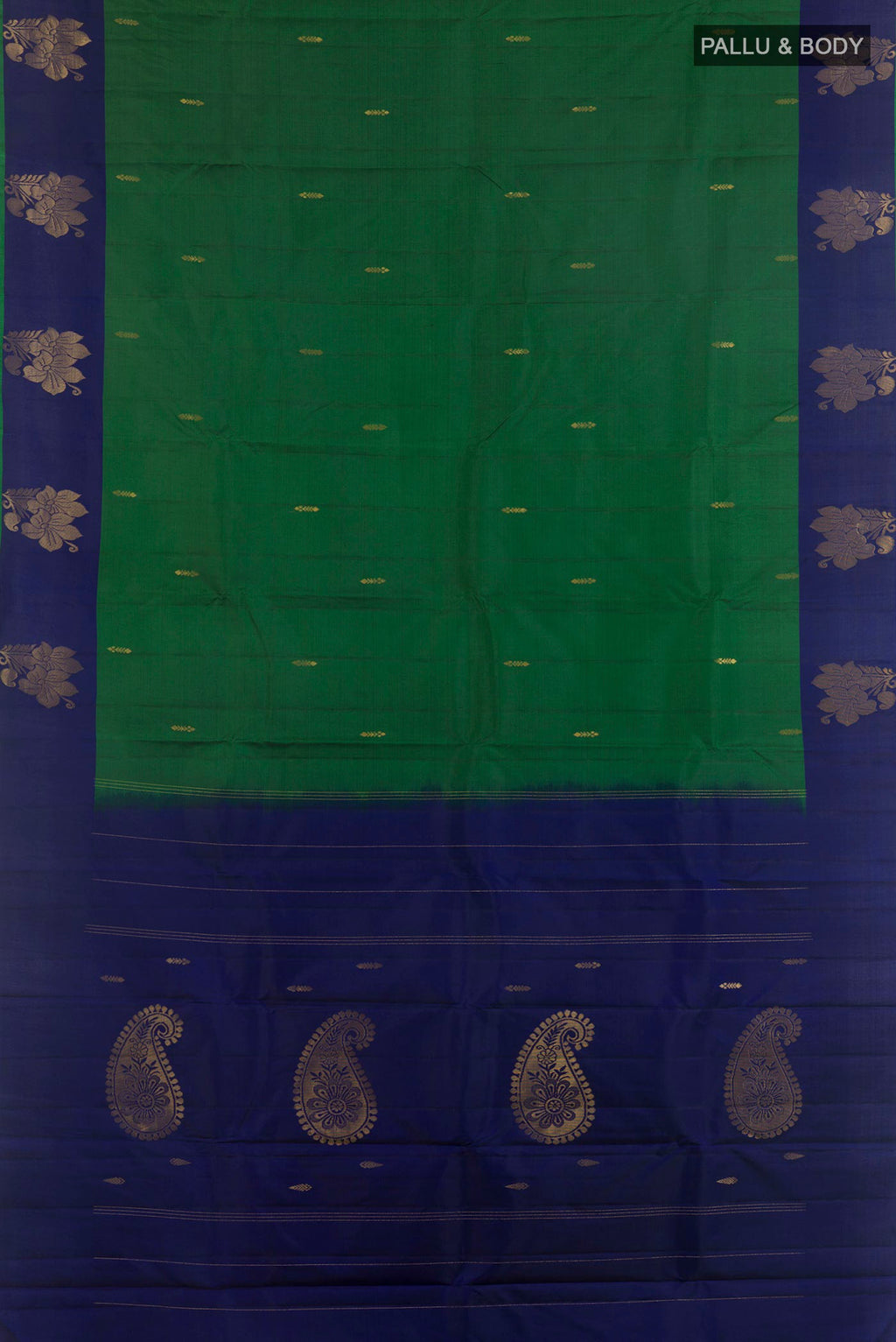 Flat view of Pure Silk Green Kanchipuram Saree with Zari Butta on the body and Zari Border. 