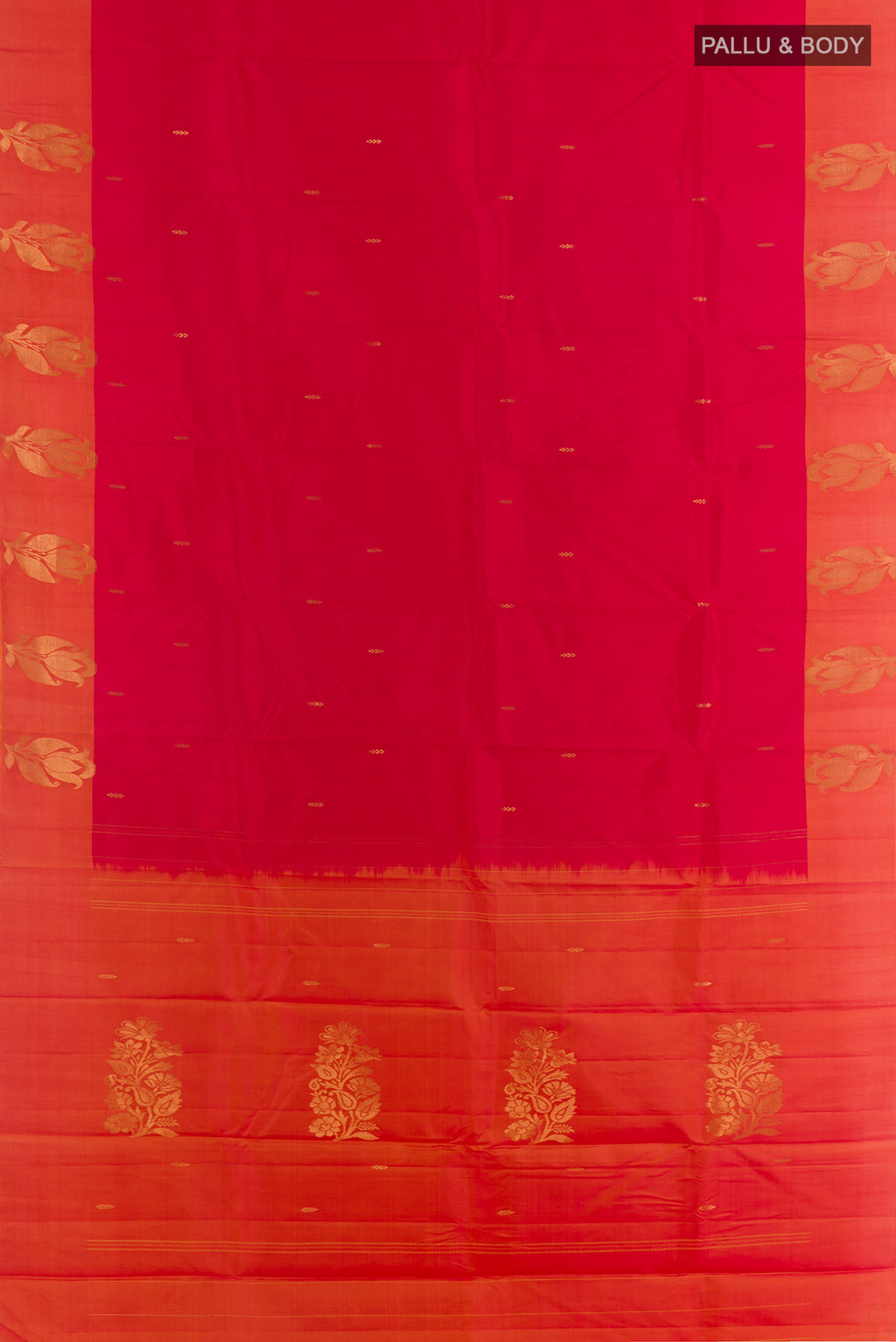 Flat view of Pure Silk Red Kanchipuram Saree with Zari Butta on the body and Zari Border. 