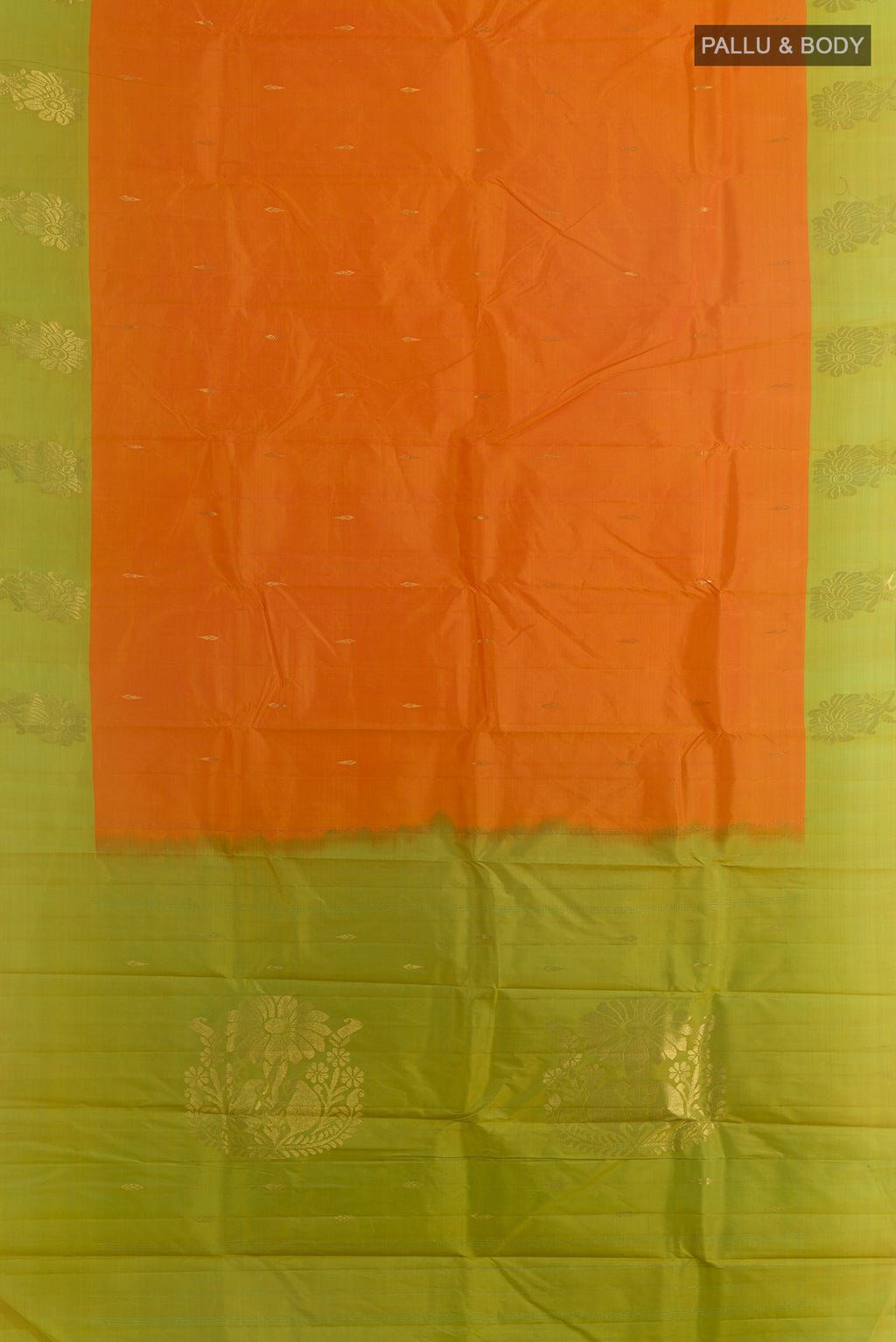 Flat view of Pure Silk Orange Kanchipuram Saree with Zari Butta on the body and Zari Border. 