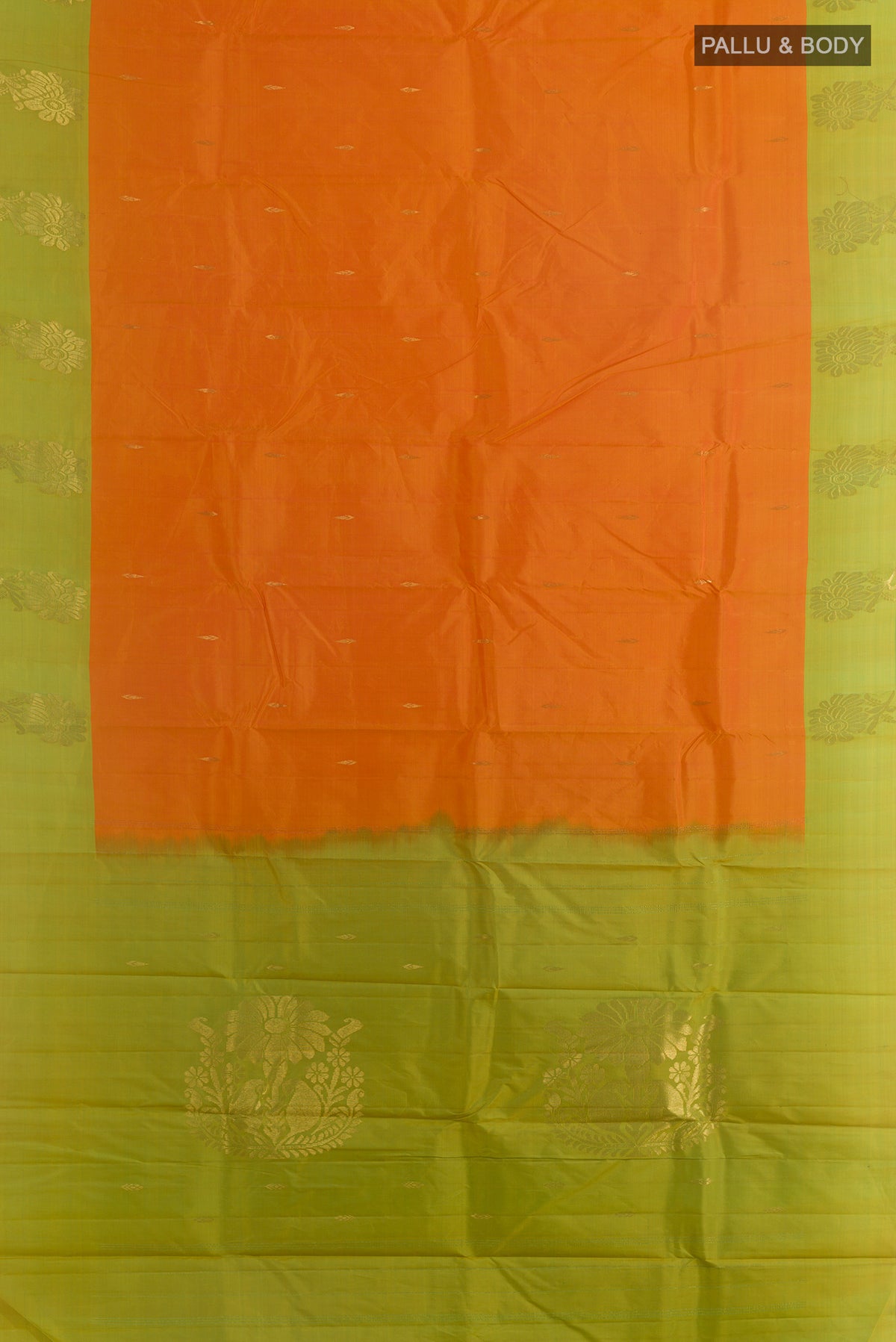 Flat view of Pure Silk Orange Kanchipuram Saree with Zari Butta on the body and Zari Border. 