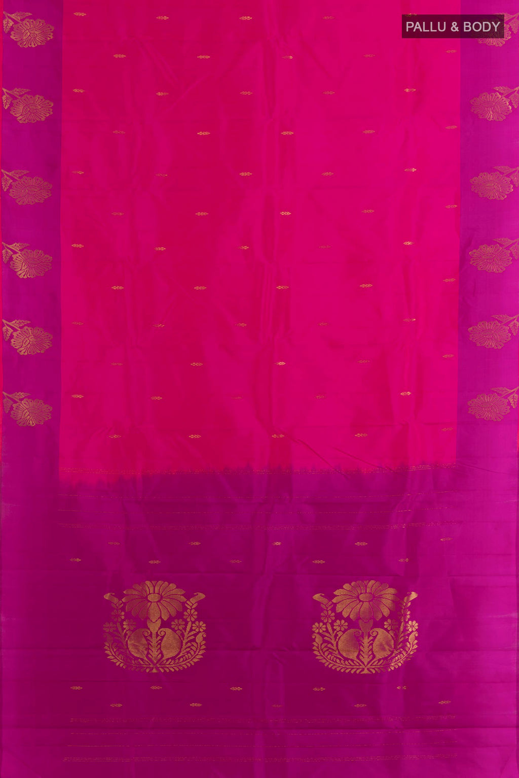 Flat view of Pure Silk Pink Kanchipuram Saree with Zari Butta on the body and Zari Border. 