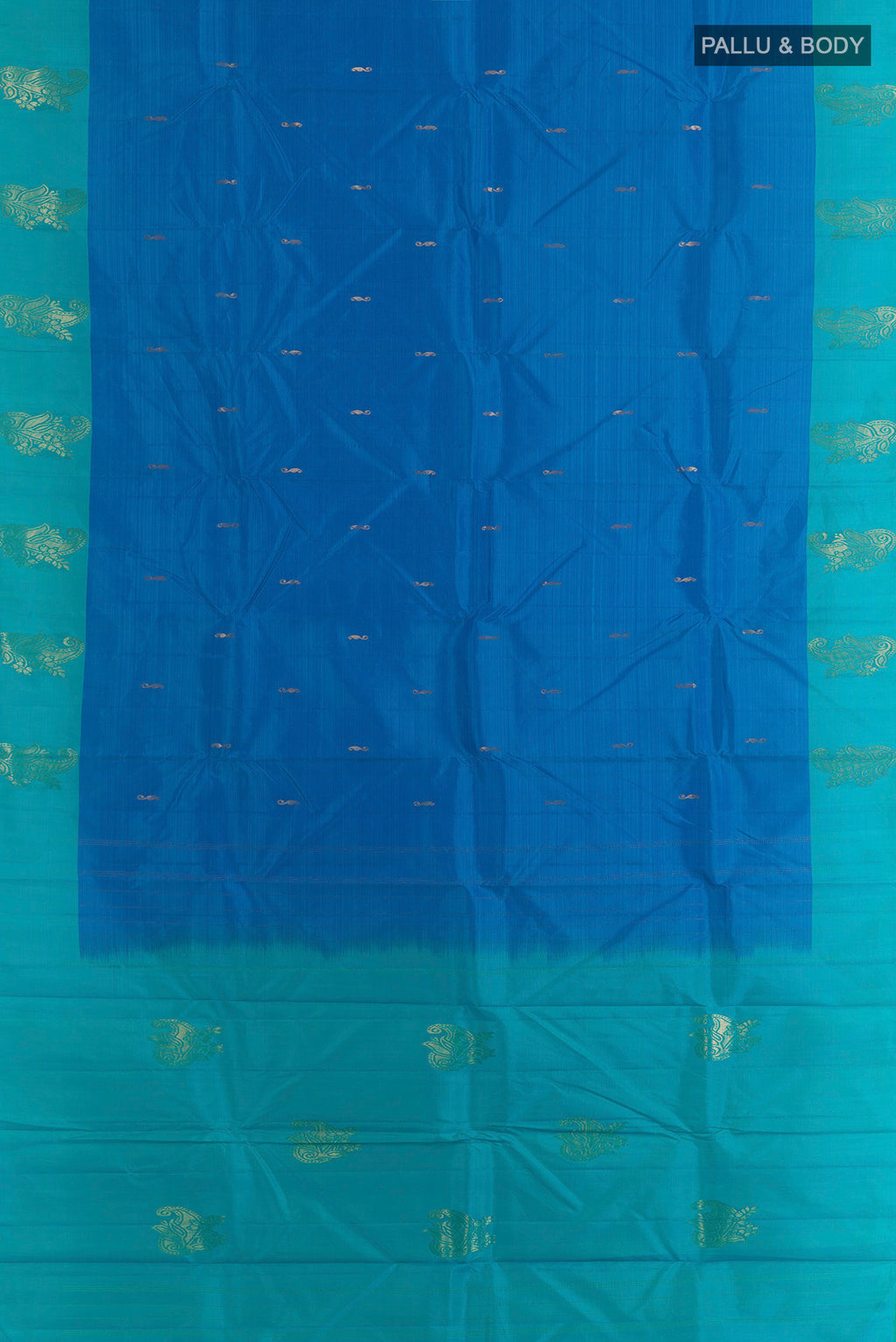 Flat view of Pure Silk Blue Kanchipuram Saree with Zari Butta on the body and Zari Border. 