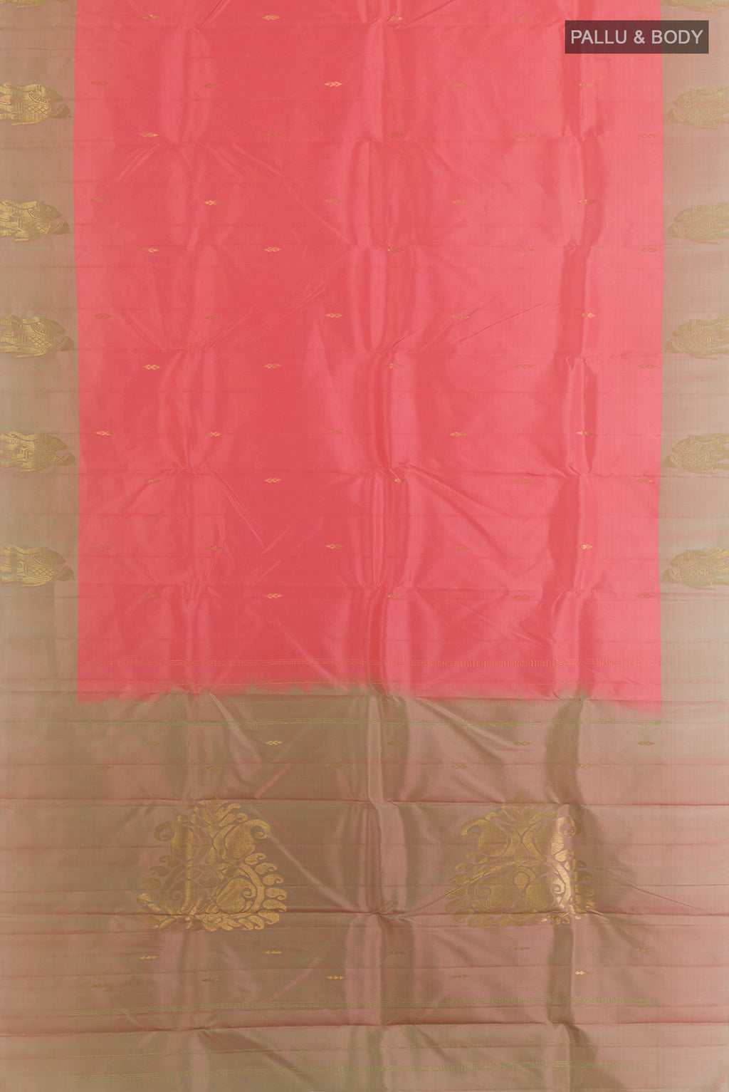 Flat view of Pure Silk Coral Kanchipuram Saree with Zari Butta on the body and Zari Border. 