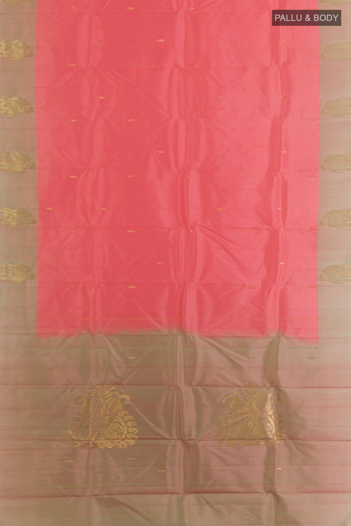 Flat view of Pure Silk Coral Kanchipuram Saree with Zari Butta on the body and Zari Border. 