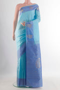 Pure Silk Light Blue Kanchipuram Saree with Zari Butta on the body and Zari Border.  displayed on a mannequin