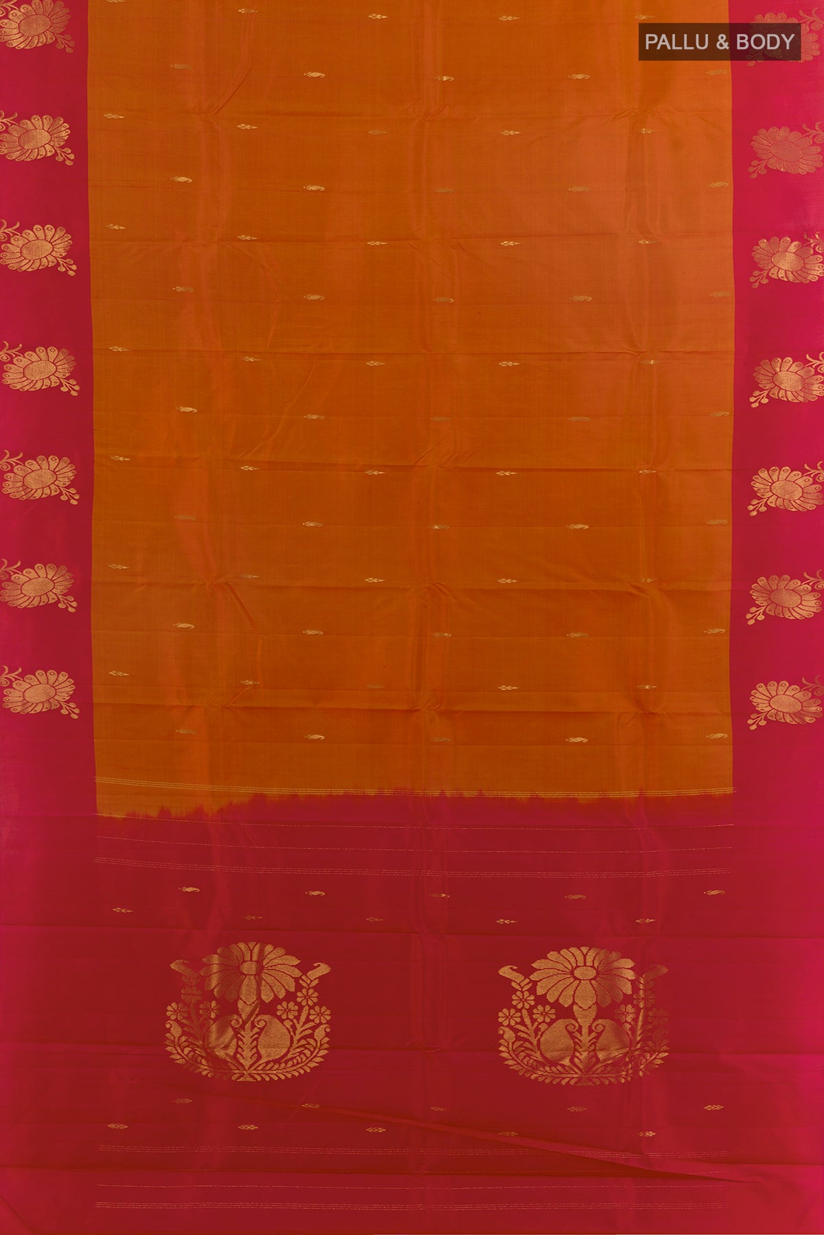 Flat view of Pure Silk Mustard Kanchipuram Saree with Zari Butta on the body and Zari Border. 