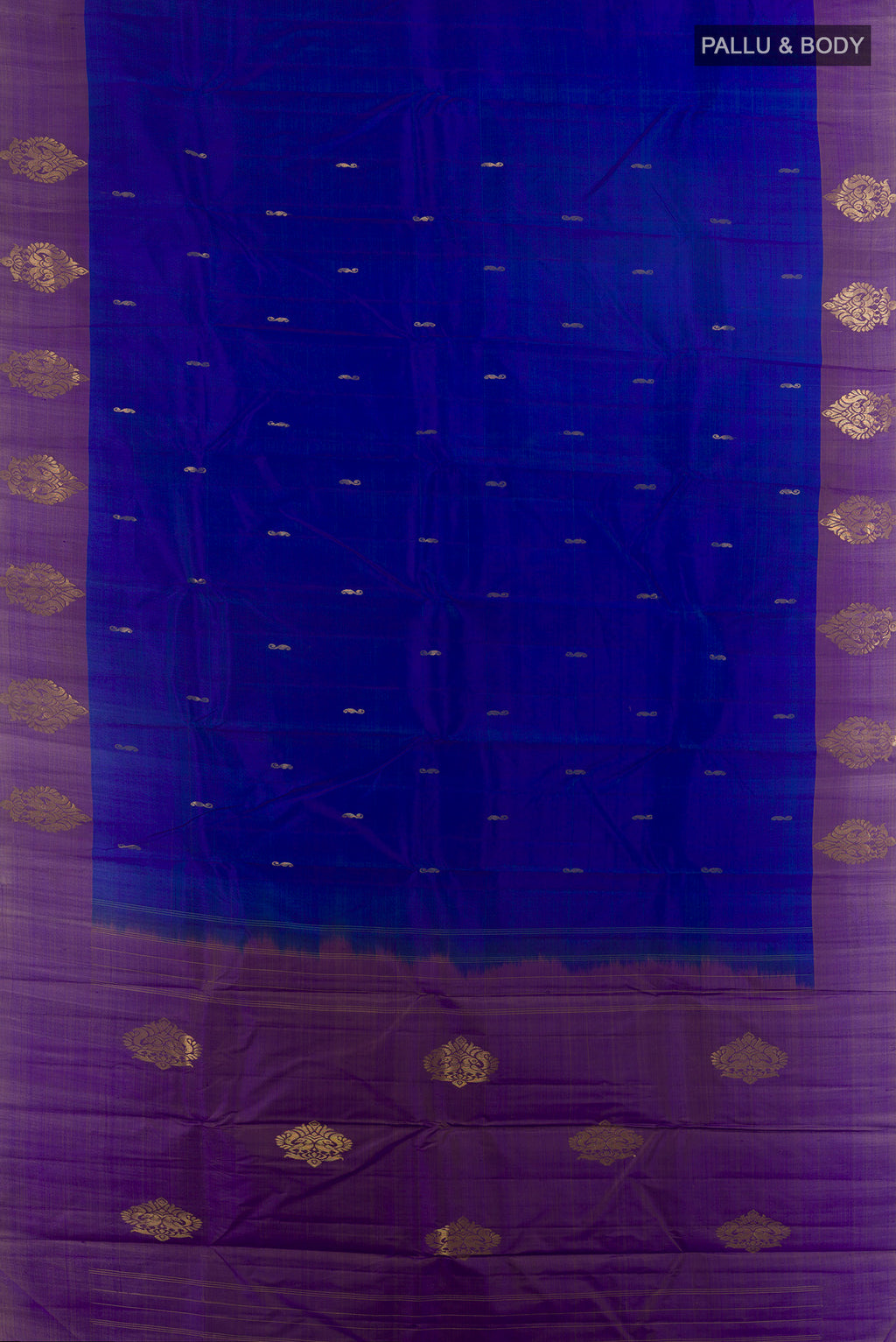 Flat view of Pure Silk Royal Blue Kanchipuram Saree with Zari Butta on the body and Zari Border. 