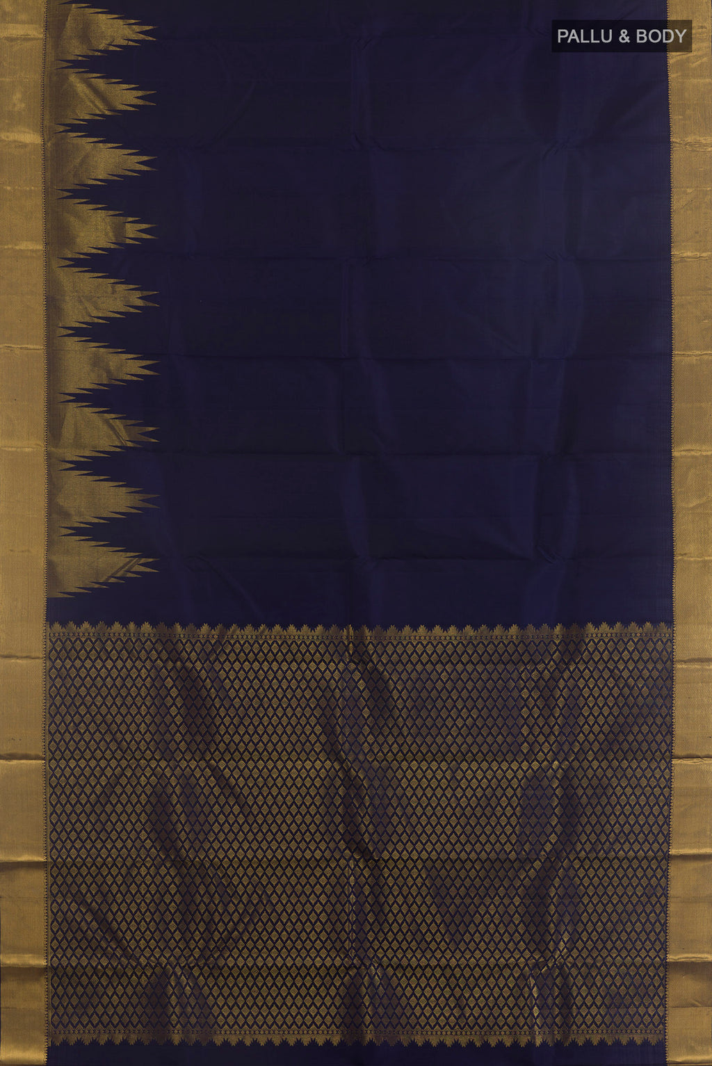 Flat view of Pure Silk Navy Blue Kanchipuram Saree with Plain Body and Temple Border. 
