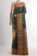 Pure Silk Bottle Green Kanchipuram Saree with Checked design on the body and Zari Border.  displayed on a mannequin