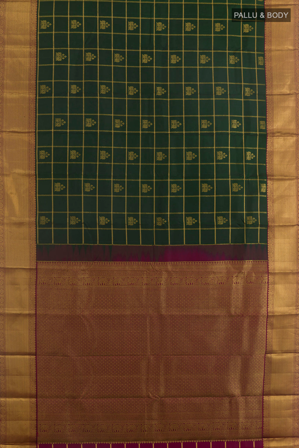 Flat view of Pure Silk Bottle Green Kanchipuram Saree with Checked design on the body and Zari Border. 
