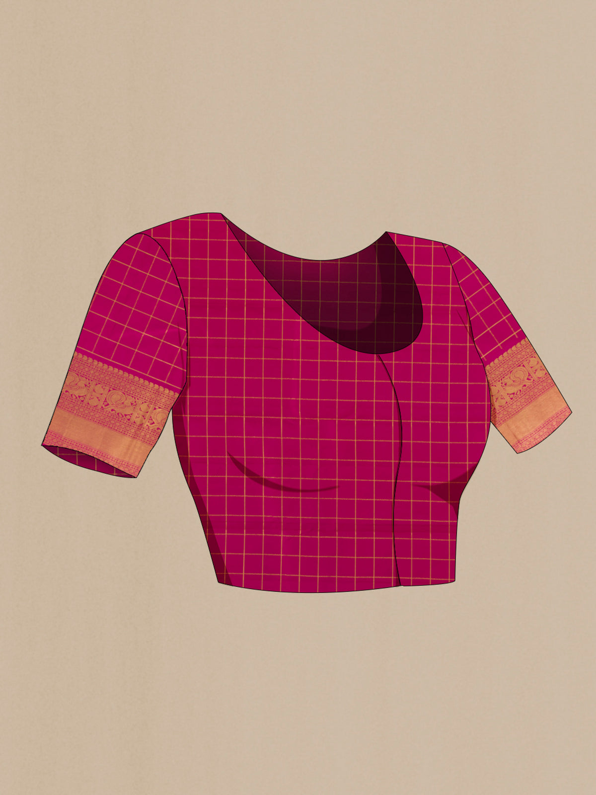 Close up image of the blouse of Pure Silk Purple Kanchipuram Saree with Checked design on the body and Zari Border. 