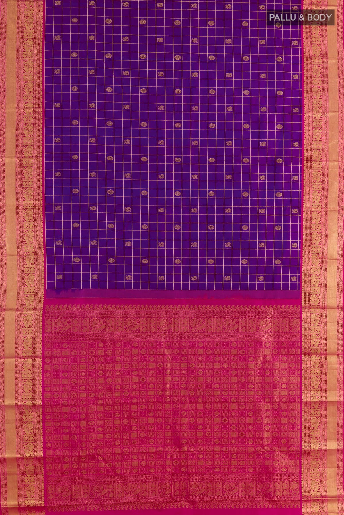 Flat view of Pure Silk Purple Kanchipuram Saree with Checked design on the body and Zari Border. 
