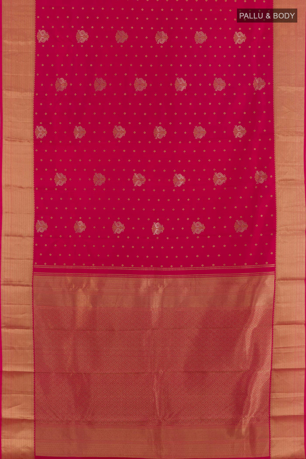 Flat view of Pure Silk Pink Kanchipuram Saree with Zari Butta on the body and Zari Border. 