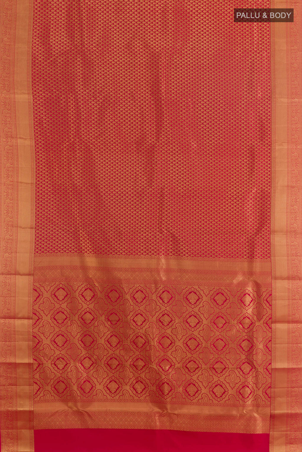 Flat view of Pure Silk Red Kanchipuram Saree with Zari Brocade on the body and Zari Border. 