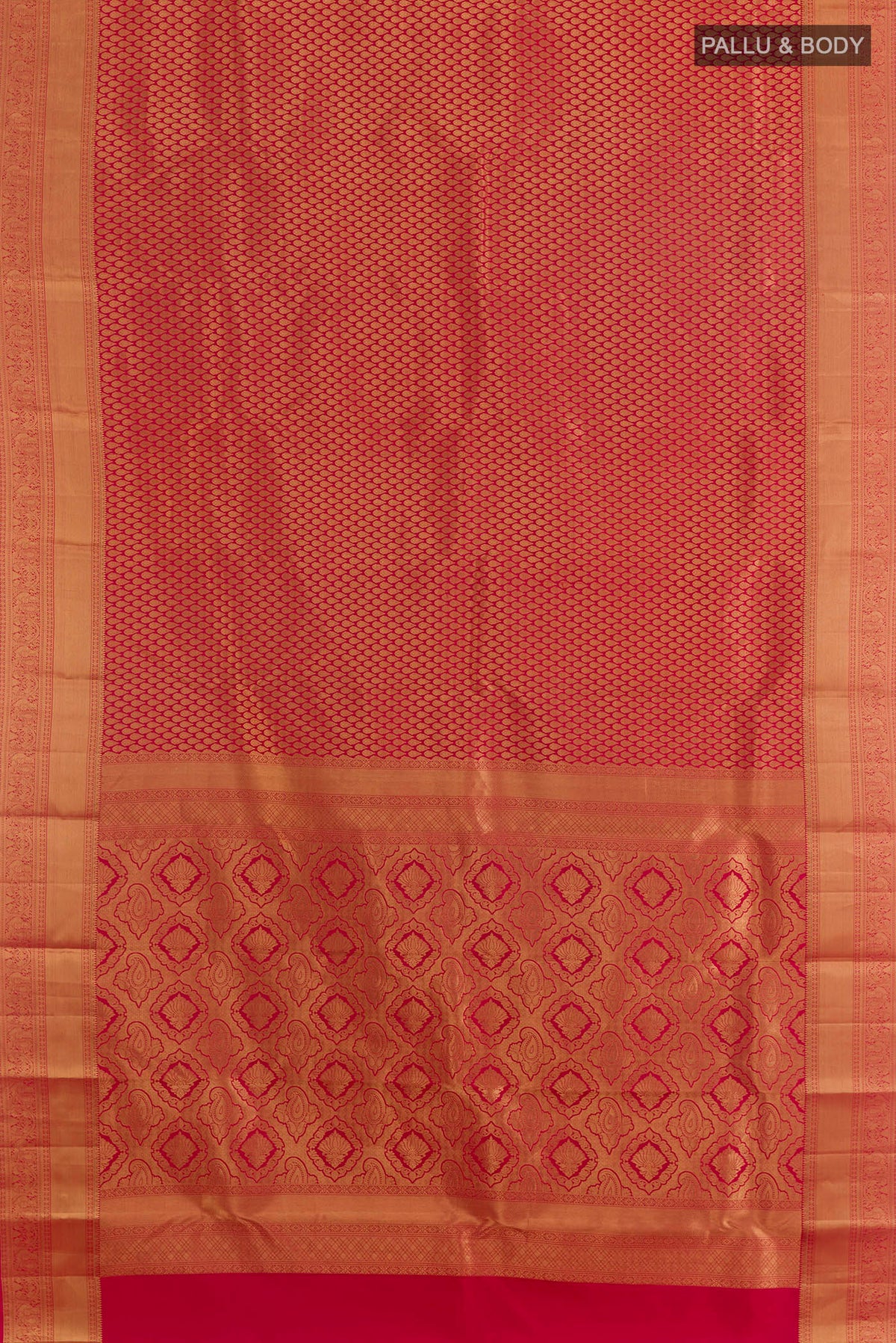 Flat view of Pure Silk Red Kanchipuram Saree with Zari Brocade on the body and Zari Border. 