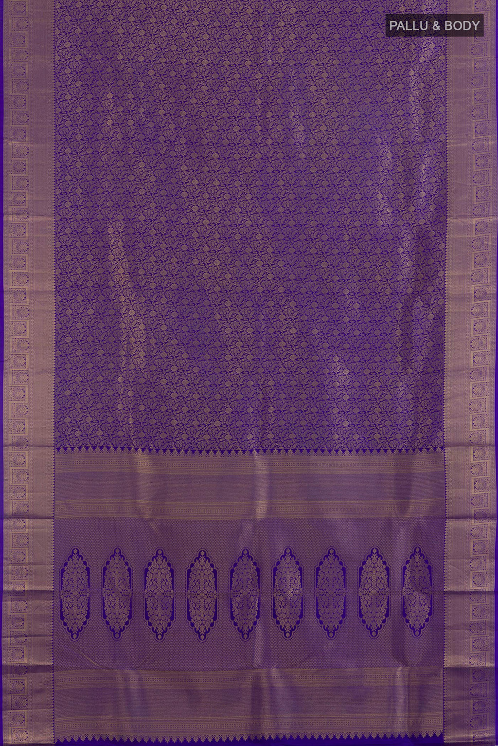 Flat view of Pure Silk Royal Blue Kanchipuram Saree with Zari Brocade on the body and Zari Border. 