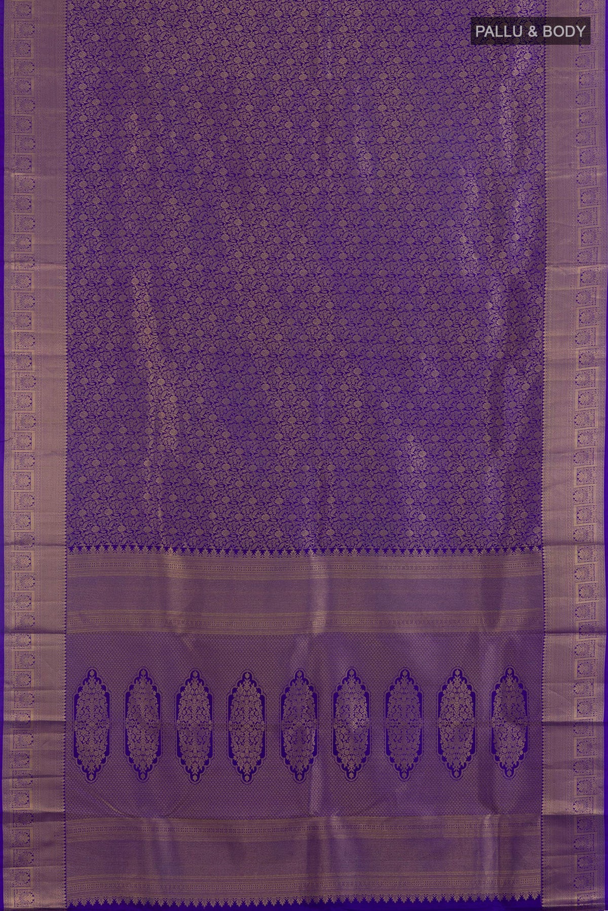 Flat view of Pure Silk Royal Blue Kanchipuram Saree with Zari Brocade on the body and Zari Border. 