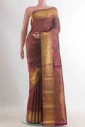 Pure Silk Maroon Kanchipuram Saree with Zari Brocade on the body and Zari Border.  displayed on a mannequin