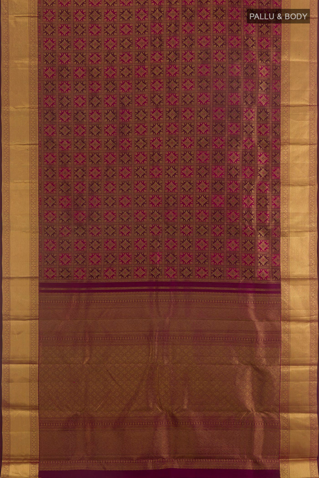 Flat view of Pure Silk Maroon Kanchipuram Saree with Zari Brocade on the body and Zari Border. 