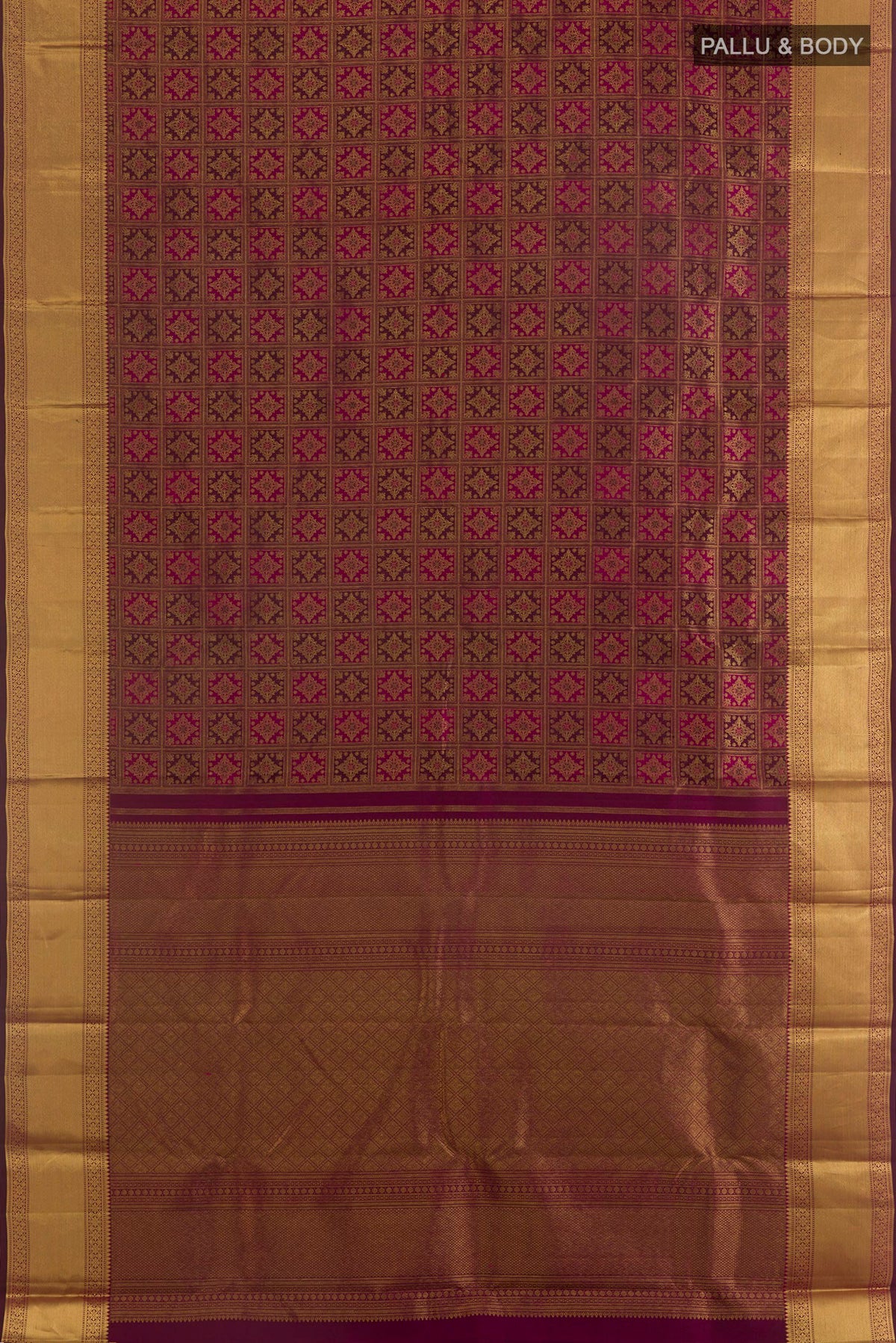 Flat view of Pure Silk Maroon Kanchipuram Saree with Zari Brocade on the body and Zari Border. 