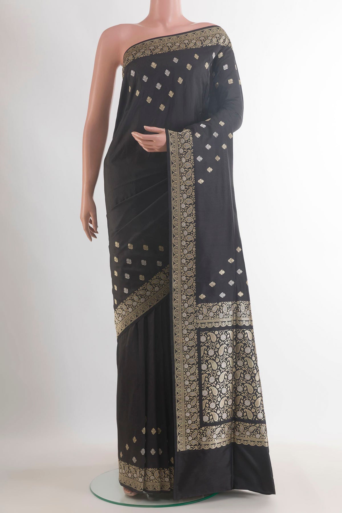 Pure Silk Black Banarasi Saree with Plain Body and Zari Border.  displayed on a mannequin